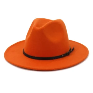 Unisex Fashion Wide Wool Belt Flat Top Fedora Hat - Orange