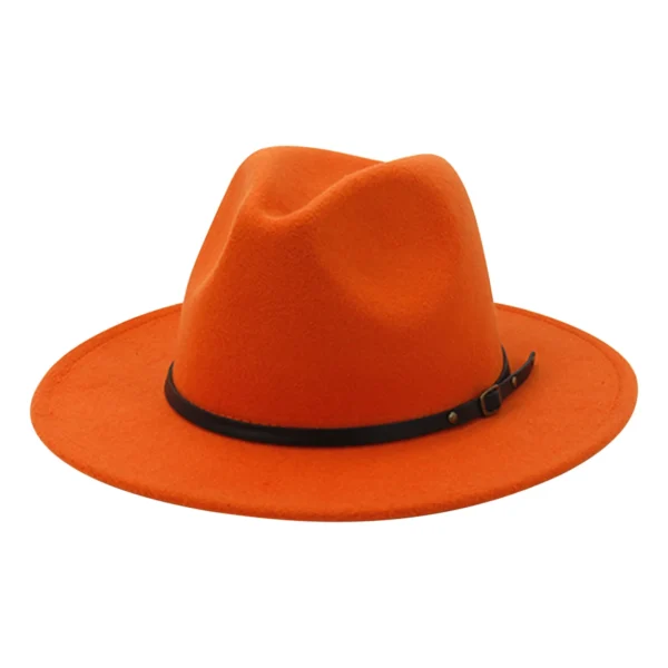 Unisex Fashion Wide Wool Belt Flat Top Fedora Hat - Orange - Image 3
