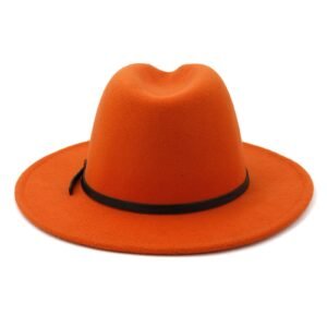 Unisex Fashion Wide Wool Belt Flat Top Fedora Hat - Orange