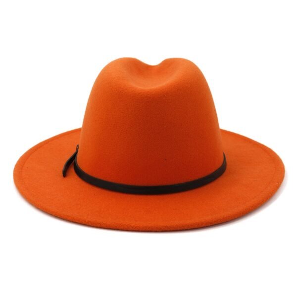 Unisex Fashion Wide Wool Belt Flat Top Fedora Hat - Orange - Image 2